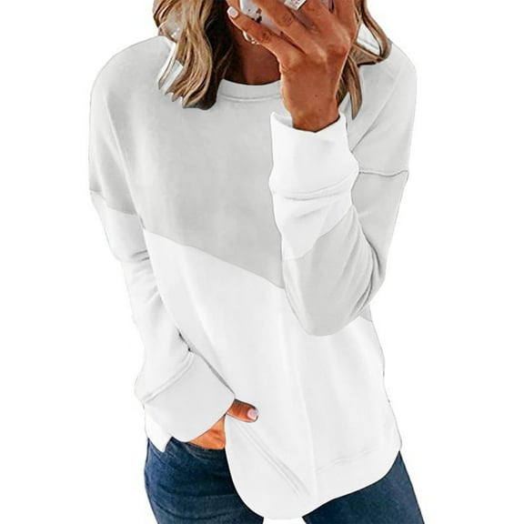 Xcmzpl Womens Sweatshirts Basic Color Block Crewneck Sweatshirt Trendy Pullover Tops Cotton Long Sleeve Shirts Fall Clothes