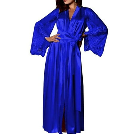 

Womens Satin Silk Kimono Lingerie Sleepwear Nightgown Dressing Elegant Lace Up Bathrobe Blue