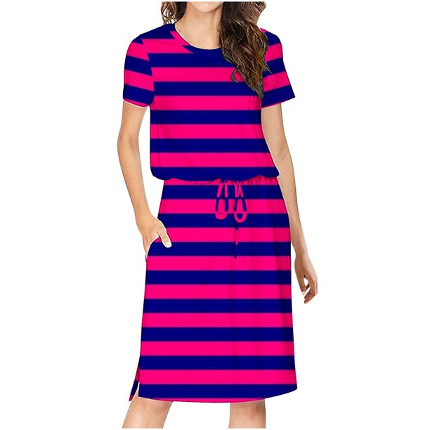 Puntoco Vestido De Mujer Con Cuello Redondo Y Correa Ajustable En La Cintura, Vestido De Longitud Media, Vestido De Rayas Con Bolsillos, Vestido De Manga Corta Con Cuello Redondo, Rojo Rosa S
