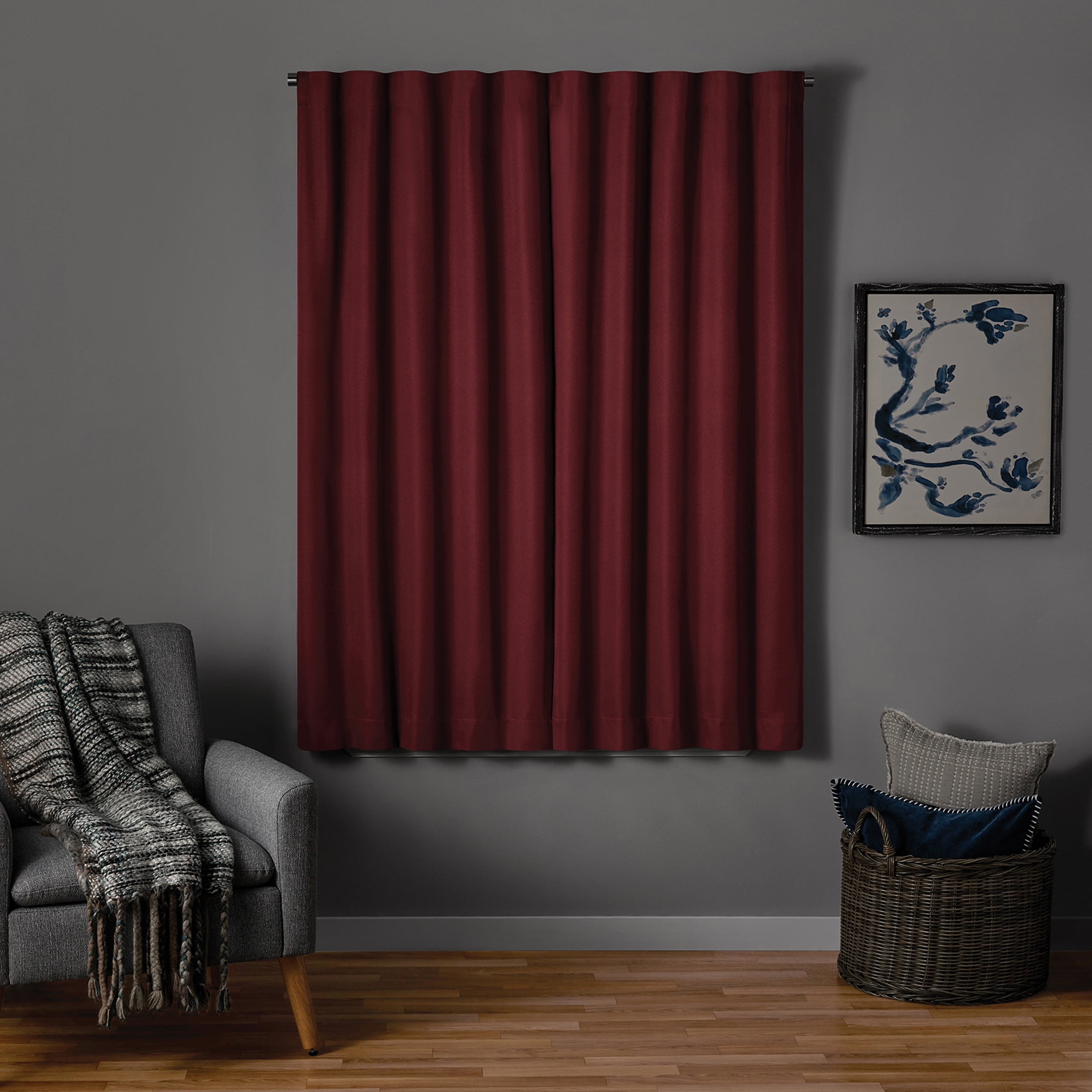 Mainstays Merlot Solid Blackout Rod Pocket with Back Tabs Curtain Panel Pair, Set of 2, 30" W x 63" L