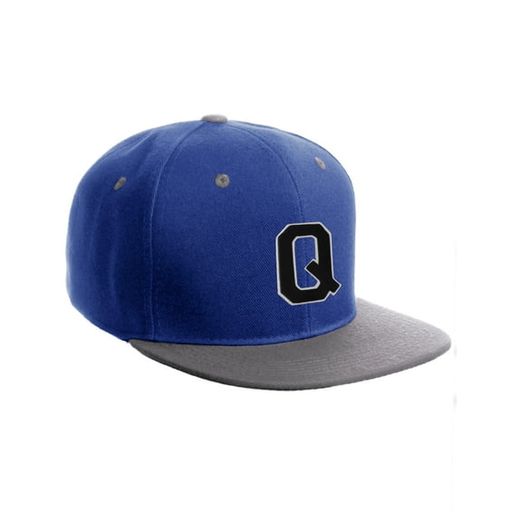Classic Snapback Hat Custom A to Z Initial Letters, Royal Grey Cap Whte Black Letter Initial Q