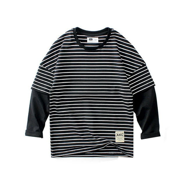 MIASHUI Hauts à Manches Longues Enfants Garçons Filles Chandail en Molleton Rayé Pull Col Rond Manches Longues Vêtements de Sport Hauts T-Shirts en Coton, Noir, 5-6 Ans