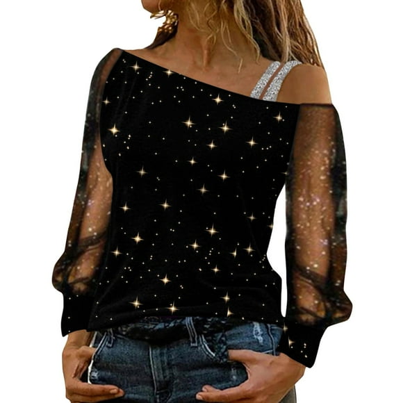 SNKSDGM Long Sleeve Tops for Women Y2K Long Sleeve Crop Tops Blouse Women's Fashion Casual Sequin Print Off Shoulder Mesh Long Sleeve Splice Top Xxl