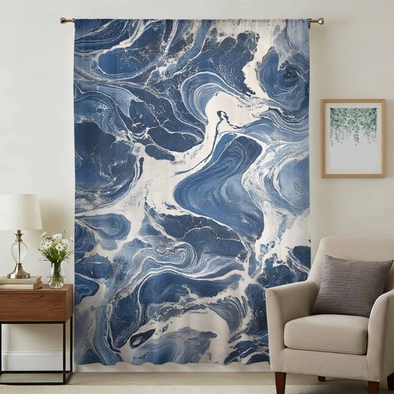 Vintage Navy Blue Sheer Curtains 108 Inches Extra Long, Marble Abstract Art Light Filering Curtains, Privacy Drapes Simi Floor to Veiling Curtain for Living Room Bedroom Large Window Treatment