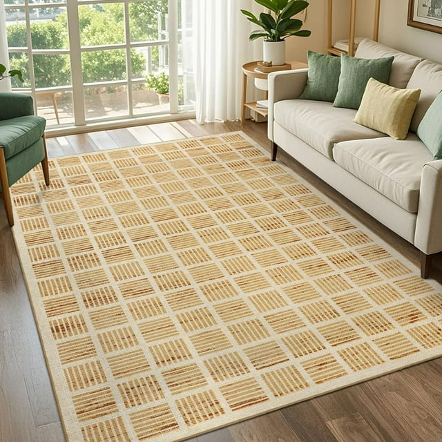TUKDAK Washable 5x7 Area Rugs for Living Room Checkered, Non Slip Low Pile Plaid Geometric Neutral Boys Bedroom Rug Brown, Soft Large Modern Floor Carpet for Dining Room Nursery Playroom