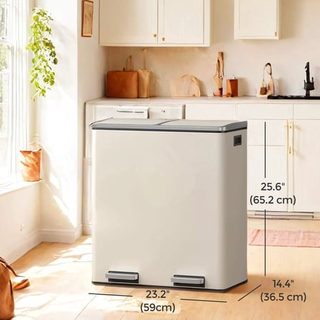 LEDREM Dual 8 Gallon Kitchen Trash Can , 2 Compartments with Hinged Lids , Pedals & 15 Bags , Airtight Waste Bin , Almond Color