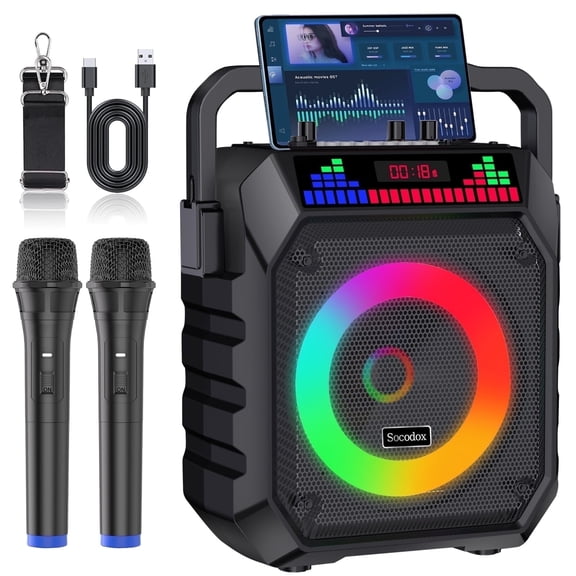 Socodox Karaoke Machine ,Portable Bluetooth Speaker with 2 Wireless Microphones for Adult Kid,Karaoke Supports TF/AUX/USB for Home Party with Lights