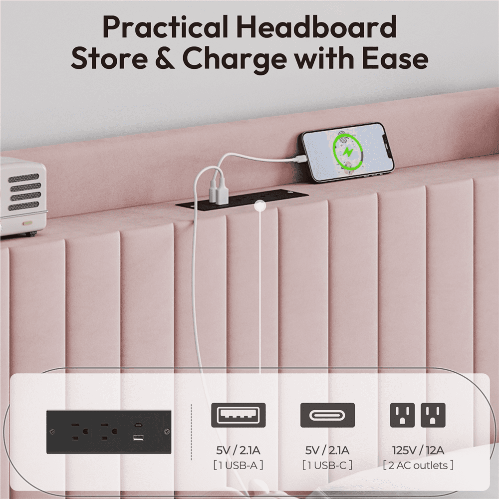 Renwick Upholstered Velvet Bed Frame with Charging Outlets and USB Ports, Queen, Pink