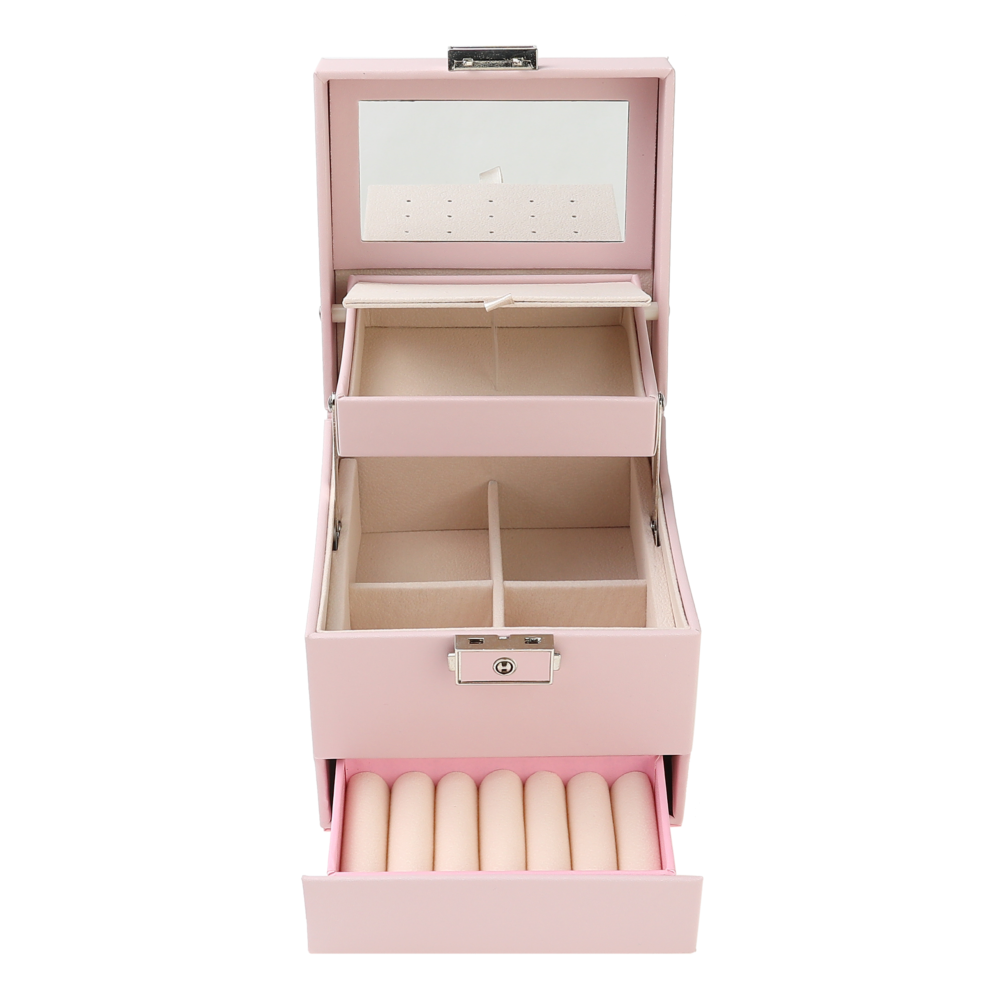 Unique Bargains 3 Layer Jewelry Box with Mirror PU Leather Jewelry Organizer for Women Pink