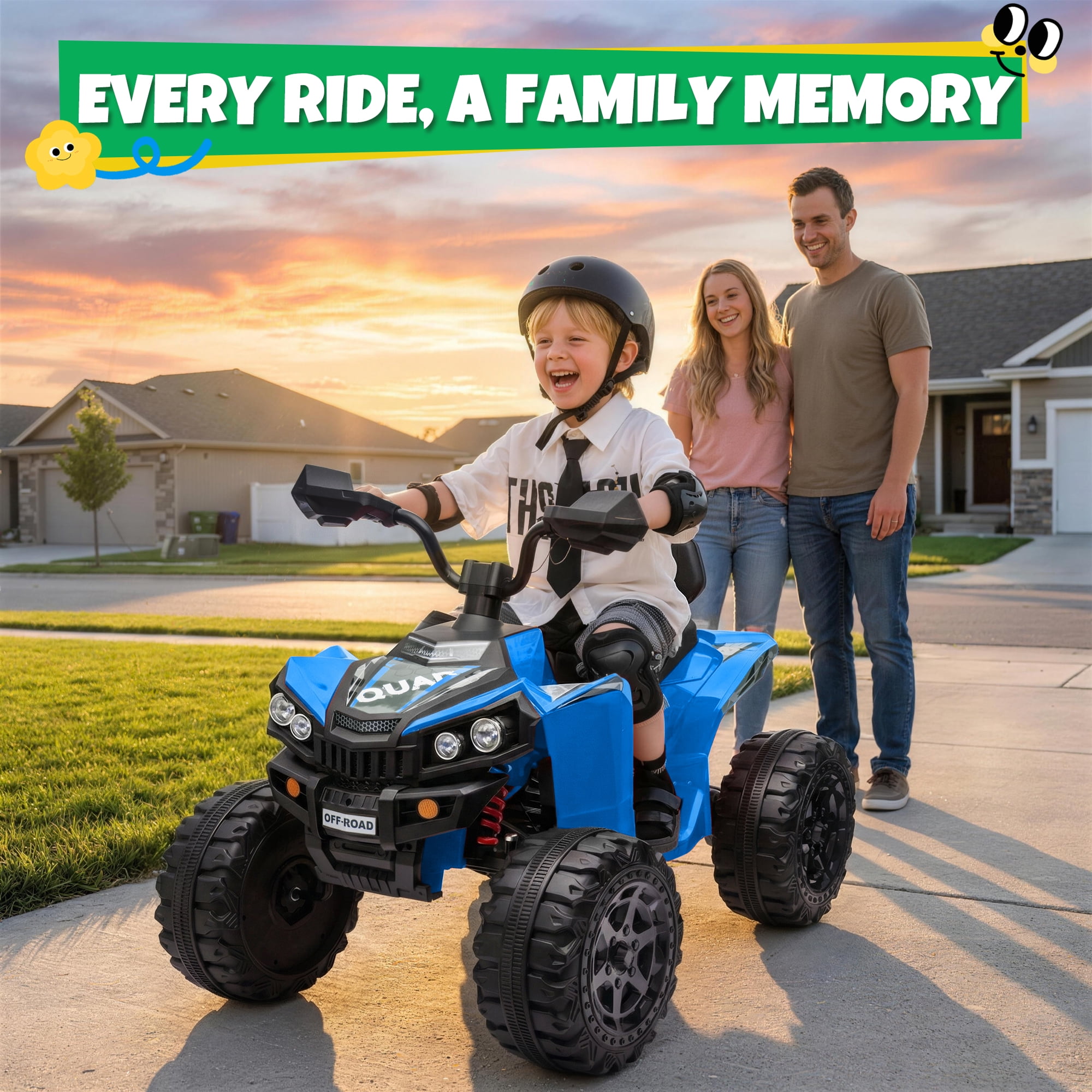 24V Kids Ride On ATV for Ages 3-8, 4WD Electric Quad with 4 Motors, Bluetooth Music, LED Lights, Spring Suspension, 3-5 km/h, 110 lbs Capacity, Battery Powered Toy for Boys Girls, Blue