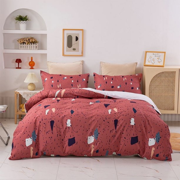 3D Rojo Geométrico Patrón Funda de edredón Set Ropa de cama Set Funda Nórdica Fundas de almohada