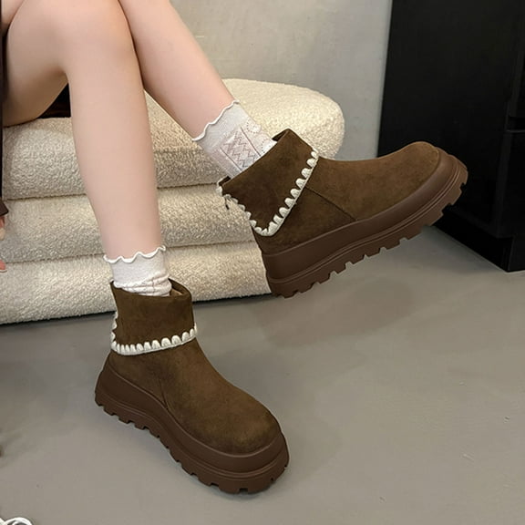 Roncen Women's Thick Sole Winter Boots - Warm Cotton Lined Slip Resistant Ankle Booties with Comfortable Height Increase for Wide Width, Low Heel Casual Cold Weather Shoes