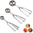 thumbnail image 1 of Ice Cream Scoop - 3 Piece Stainless Steel with Trigger Cookie - Melon Scoop Spoon Set Small - Medium - Large, 1 of 7