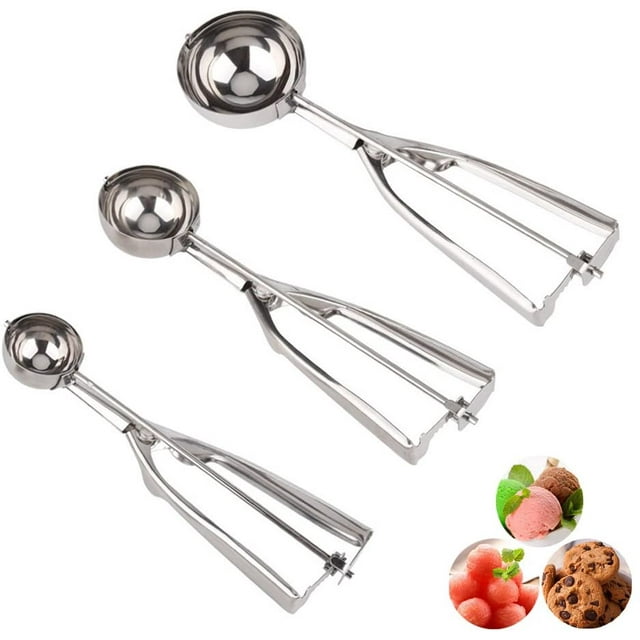 Ice Cream Scoop - 3 Piece Stainless Steel with Trigger Cookie - Melon Scoop Spoon Set Small - Medium - Large