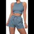 thumbnail image 3 of Conjuntos de Verano para Mujer, Conjunto Informal de 2 Piezas con Top Corto y Pantalones Cortos de Punto Gofre, Ropa de Dormir, Azul , Talla M, 3 of 9