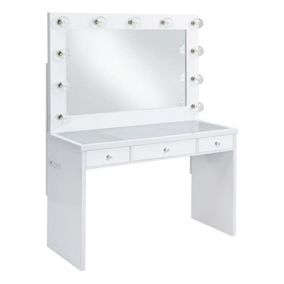 Pemberly Row Modern Glass Top 2PC Vanity Set with 4mm Mirror in White