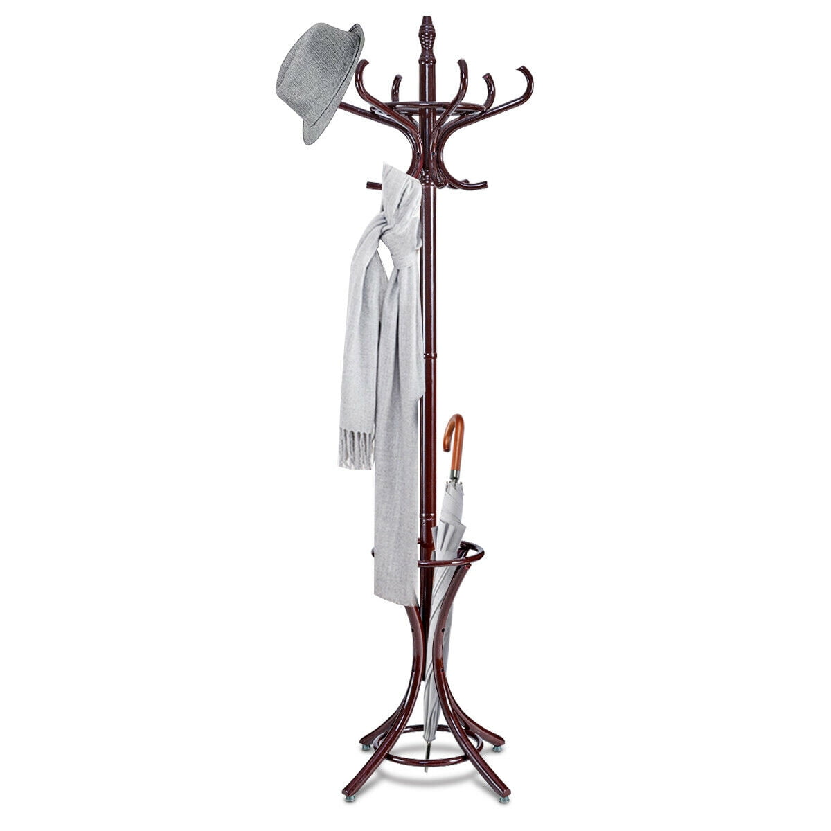 Gymax Wood Standing Hat Coat Rack Jacket Bag Hanger Tree 12 Hooks w