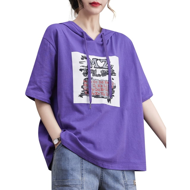Camiseta holgada con capucha y media manga para mujer, camisetas estampadas de talla grande
