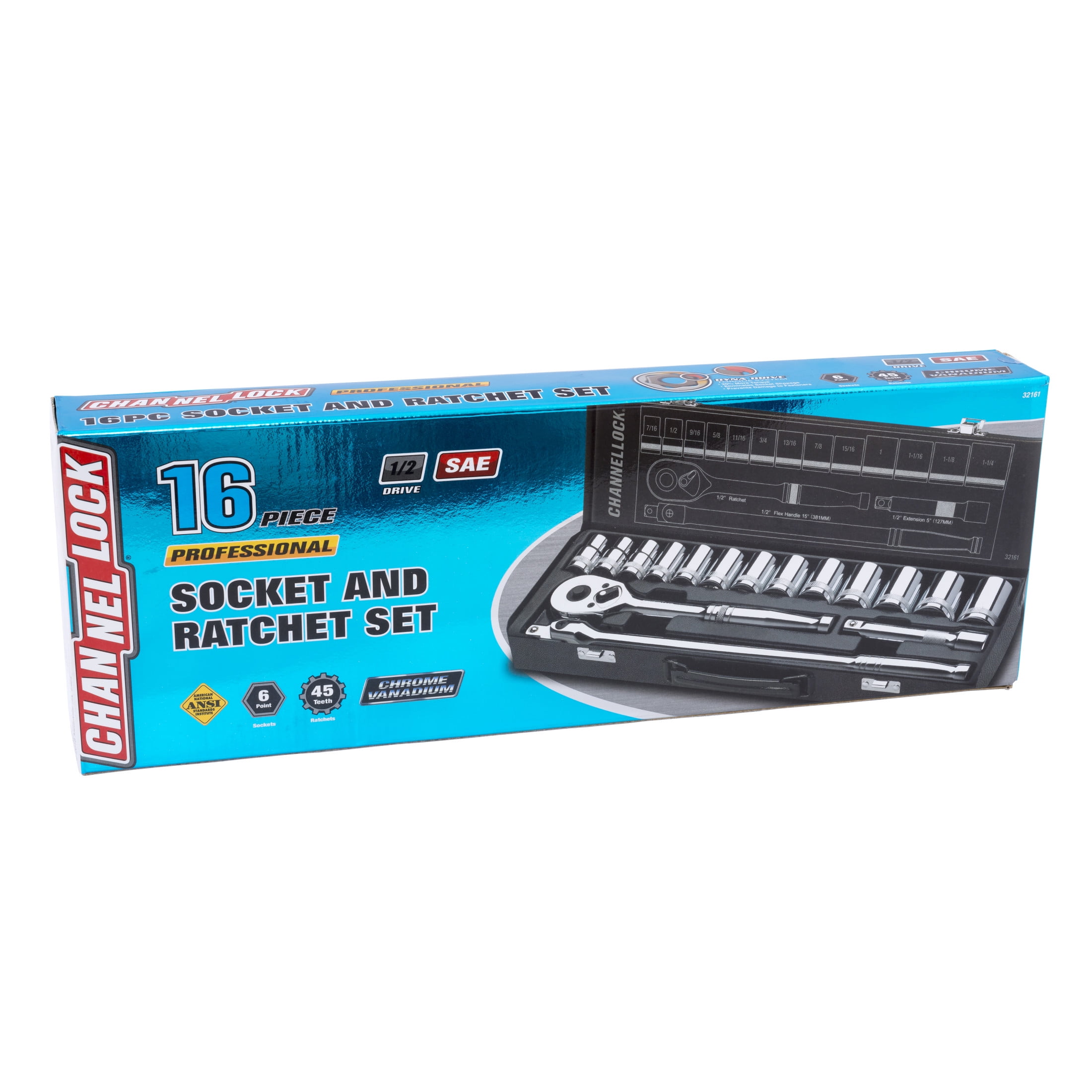 CHANNELLOCK SAE Drive Socket Set, Includes Standard Sizes, 6-Point Sockets, Durable Steel Case, 16 pieces (32161)