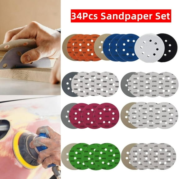 Pack Of 34 Polishing Set:including 32pcs Sandpaper,8 Hole 5 Inch Sanding Discs Hook And Loop 1500-10000 Grits Wet Dry Sandpaper With 2pcs Interface Pads For Random Orbital Sander Automotive