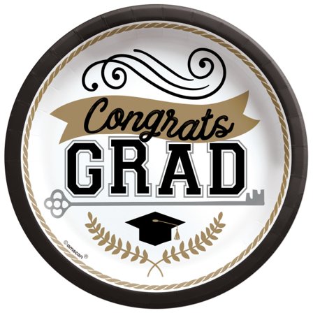 Amscan Graduation Achievement Is Key Round Paper Plates, 6-3/4", Black, Pack Of 100 Plates