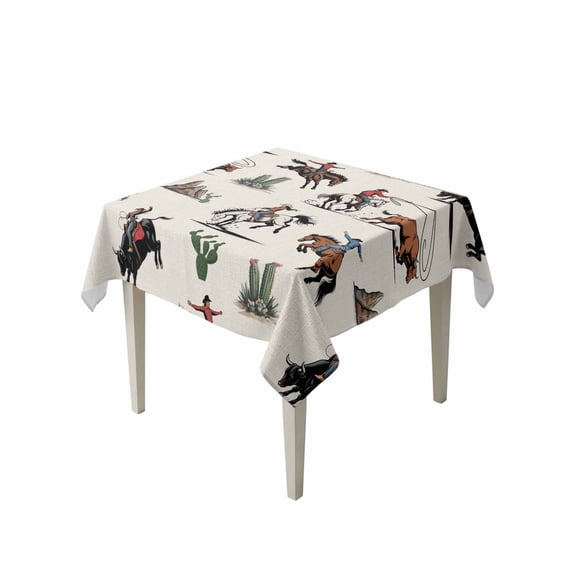 Western Cowboys Suqare Tablecloth - 60 x 60 Inch, Beige Vintage Country Cactus Waterproof & StainResistant Tablecloth, Washable Oil-proof Table Cover for Dining/Party/Wedding/Camping/Buffet