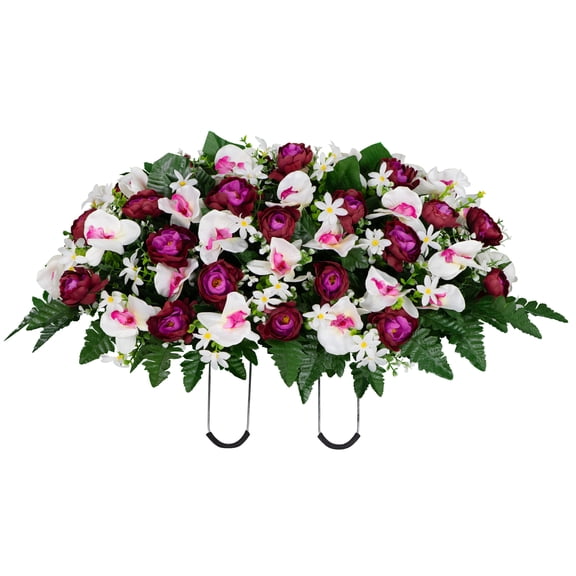 Sympathy Silks Artificial Cemetery Flowers - Violet Cabbage Rose and White Orchid - Saddle for Headstone