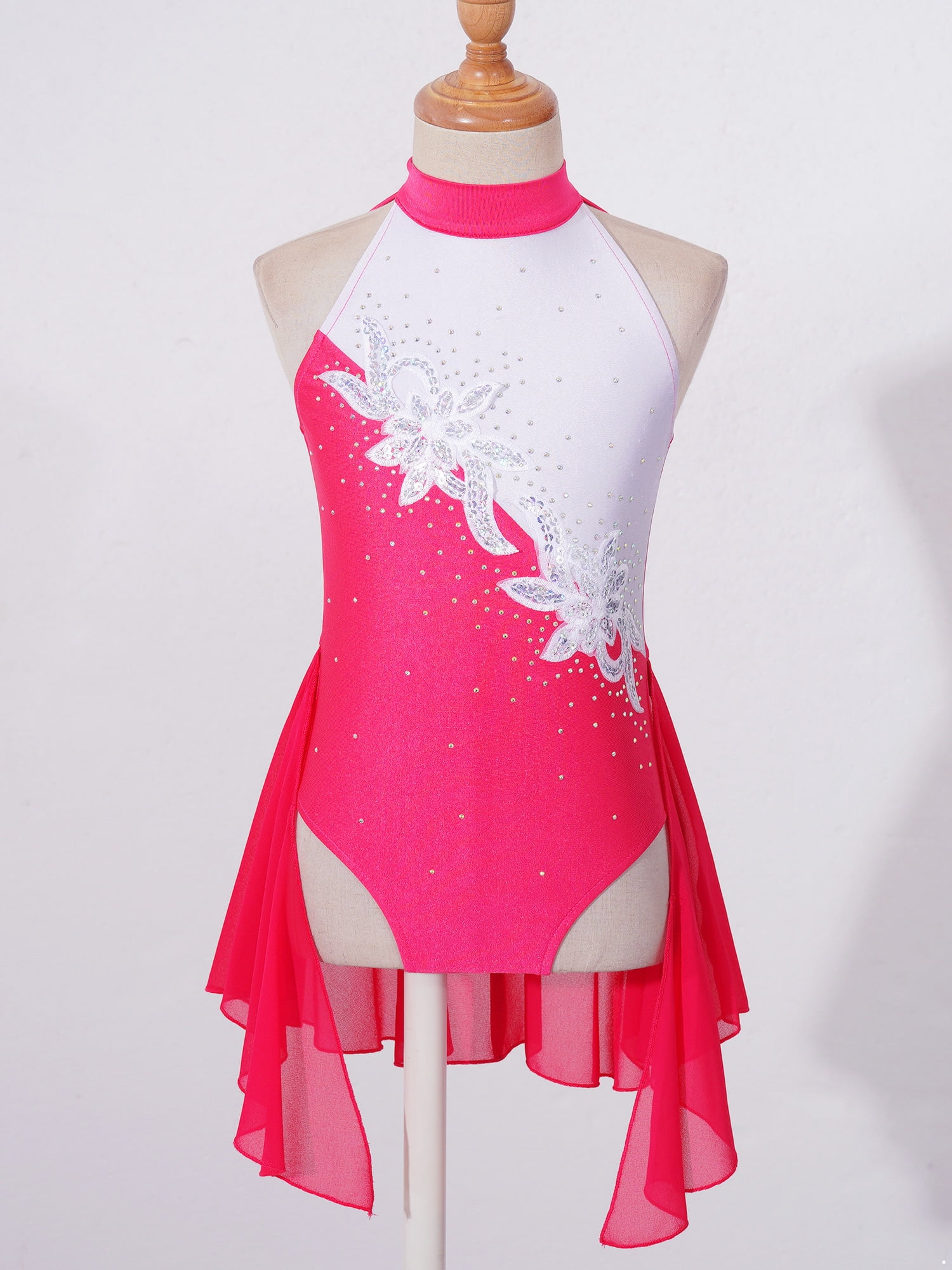 Alvivi Rhinestone Sleeveless Athletic Dance Dress for Kids Girls Figure Skating Competition Costume Hot Pink 6