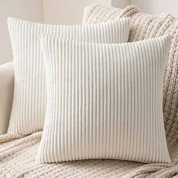 Eryueer Set of 2 Striped Corduroy Square Throw Pillow Case Soft Cushion Cover Sham Home for Sofa Chair Couch/Bedroom Decorative Fluffy Pillowcases 16x16 Inch 40x40cm Pure White