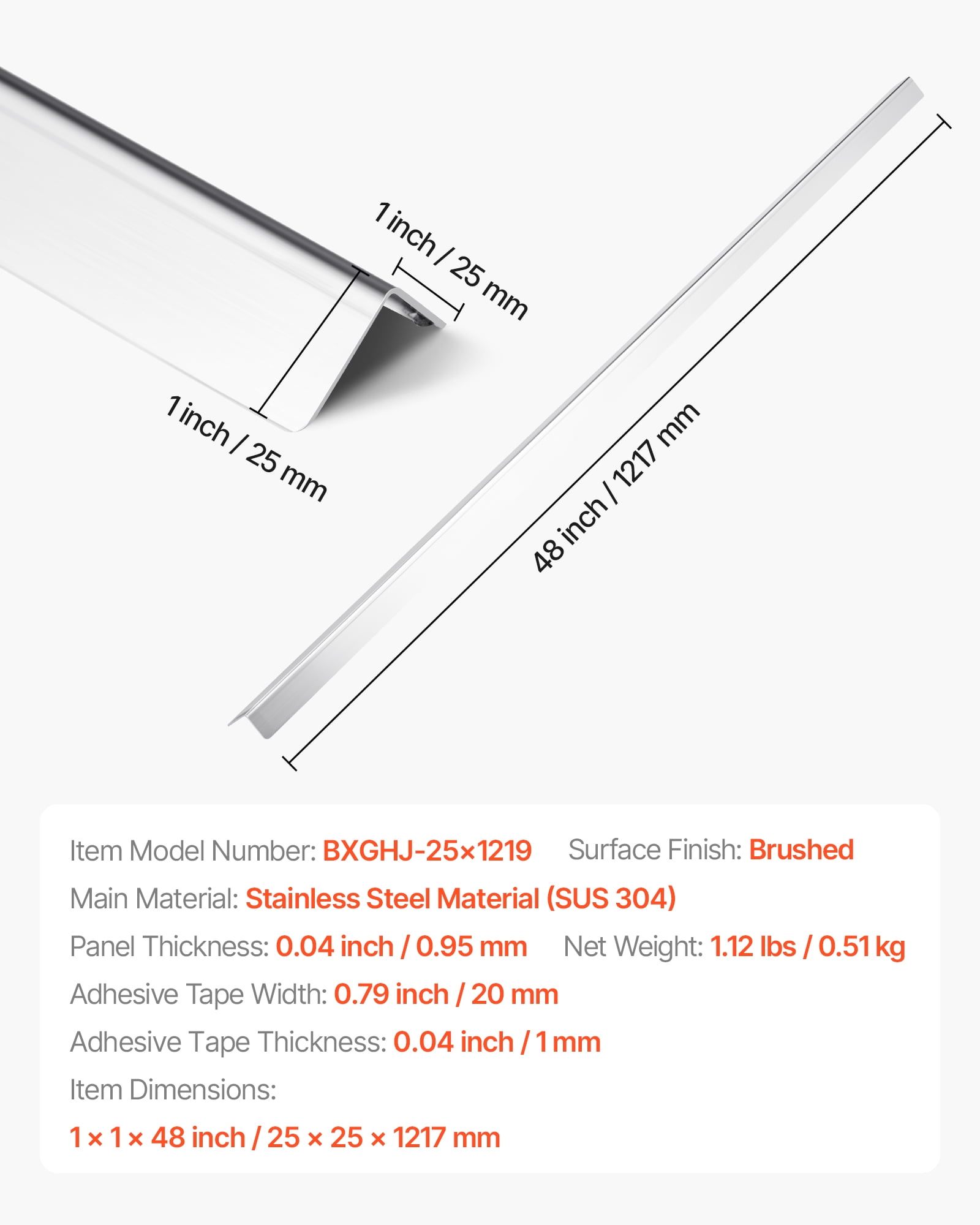 VEVOR Stainless Steel Wall Corner Protector, 1 x 1 x 48 inch, 10 Pack Metal Corner Guards, 304 Stainless Steel Edge Trim 90-Degree Angle for Home,Office,Commercial Wall Protection, with 3m Tape