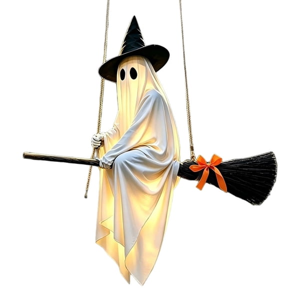 5 FT Hanging Ghost Decor - Light-Up Flying Ghost on Broomstick for Outdoor Halloween Decorations Front Porch Yard Tree