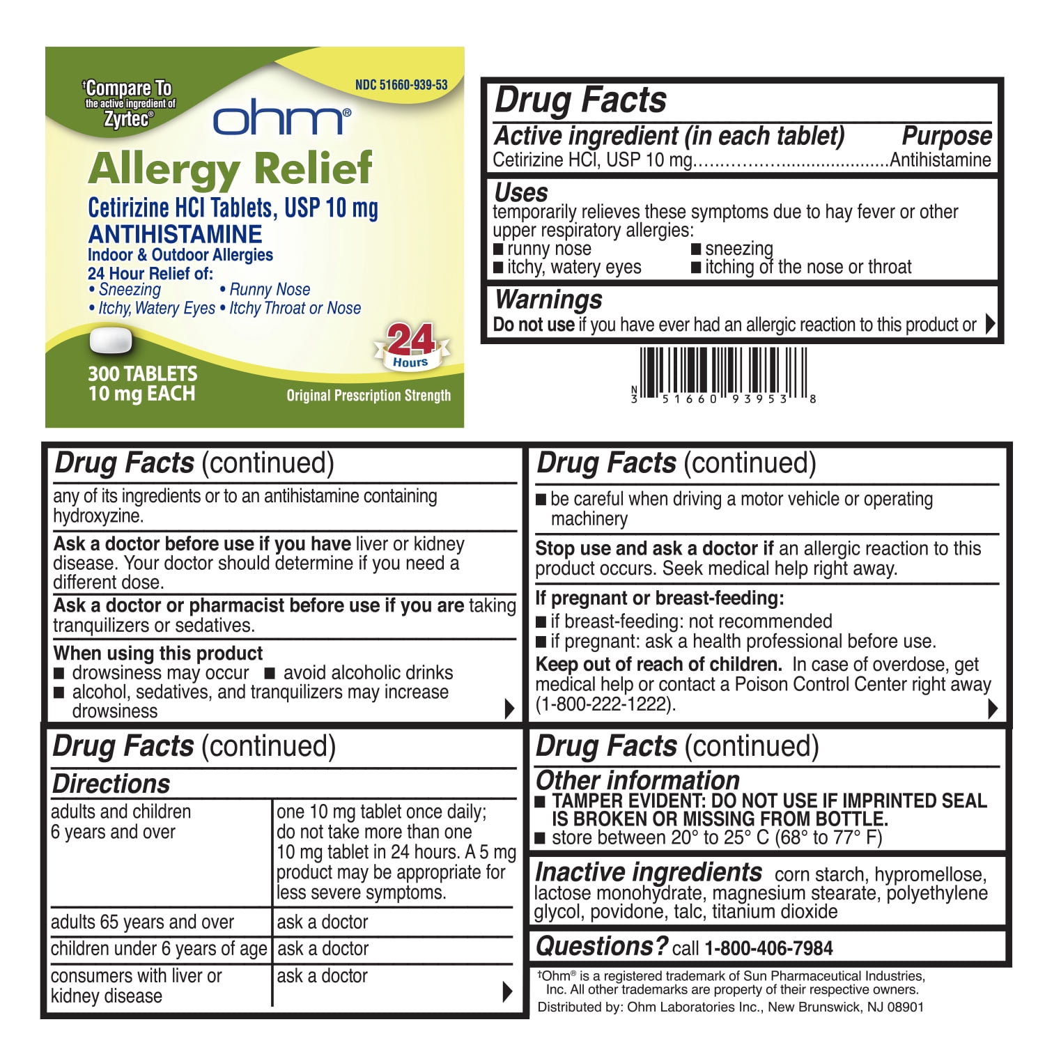 (4 pack) Ohm 24-Hour Antihistamine Cetirizine HCl 10 mg Tablets, 300 Count – All-Day Allergy Relief for Itchy Eyes, Runny Nose, Hay Fever, Pollen, and Indoor & Outdoor Allergies