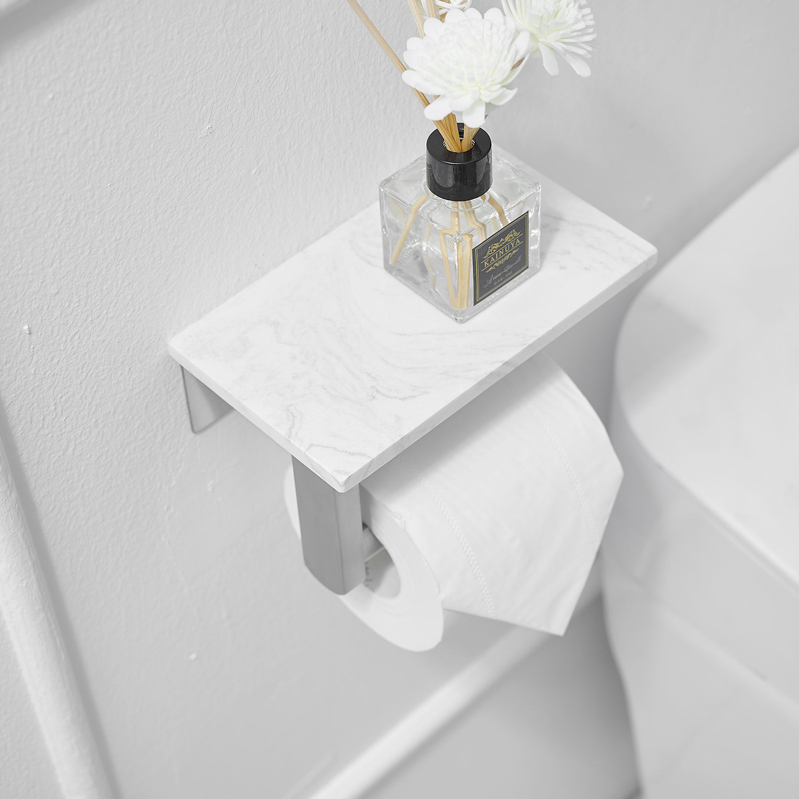 Wall Mount Toilet Paper Holder With Natural Marble Shelf Tissue Storage Holder In Brushed Nickel