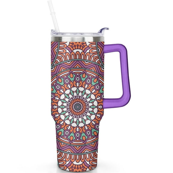 40oz Boho Mandala Tumbler with Handle, Leak Proof Flip Straw Lid, Vacuum Insulated 24 Hour Insulation Travel Must Have