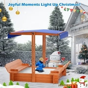 Yexmas 48 Wooden Sandbox with Lid, Outdoor Large Kids Sandbox with Seat,for Yard Lawn Garden