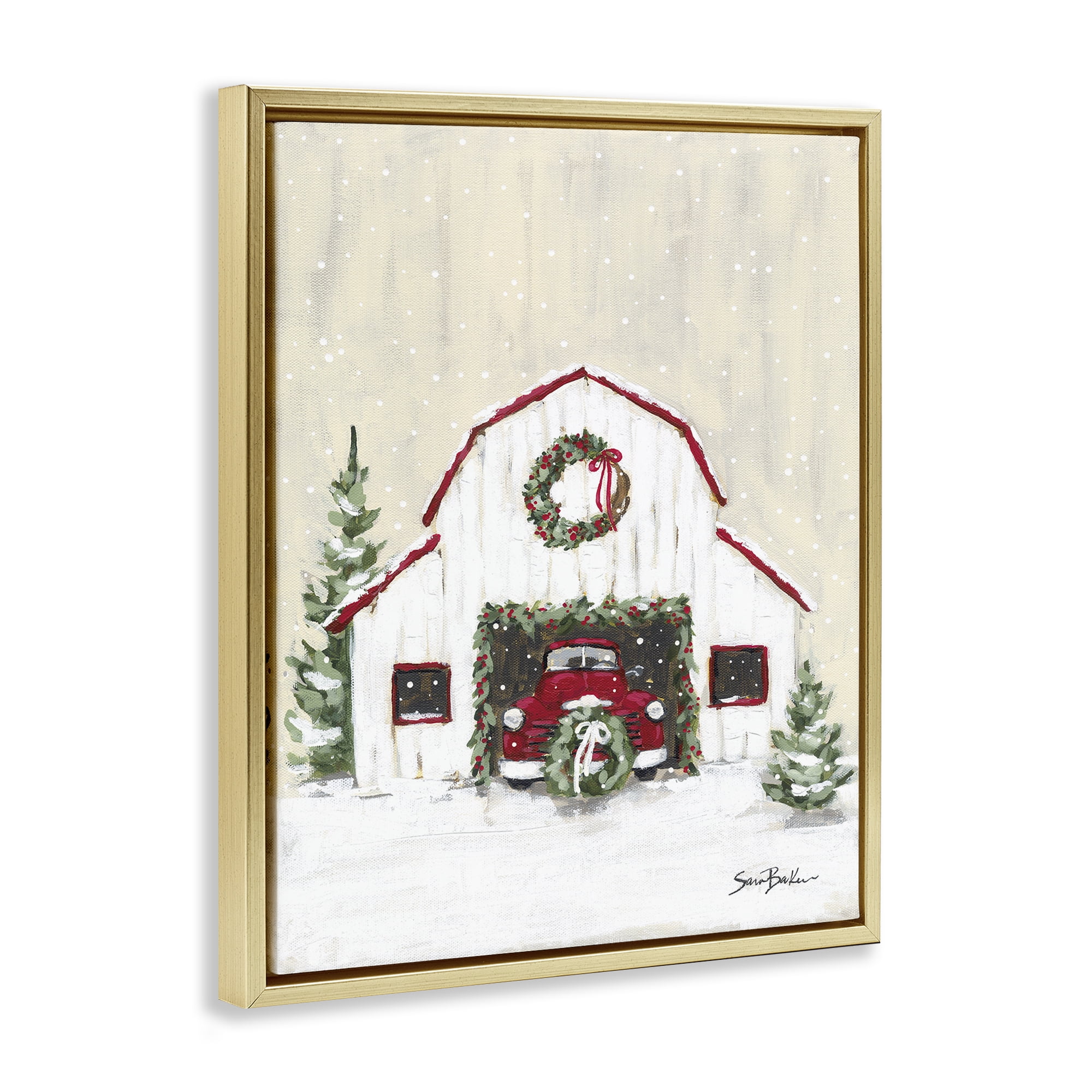 Stupell Industries Seasonal Garlands Barn Holiday Painting Gold Floater Framed Canvas Art Prints Wall Art, 17 x 21