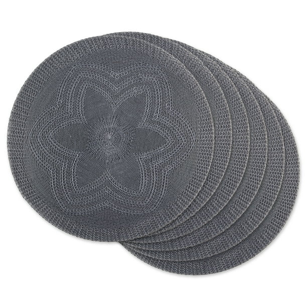 Set of 6 Gray Floral Woven Round Placemat, 15"