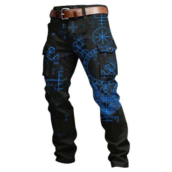 CONZONE Mens Baggy Cargo Pants Wide Leg Pants for Men Trendy Buttons Viking Mythology Graphic Y2K Soft Casual Joggers With Pocket