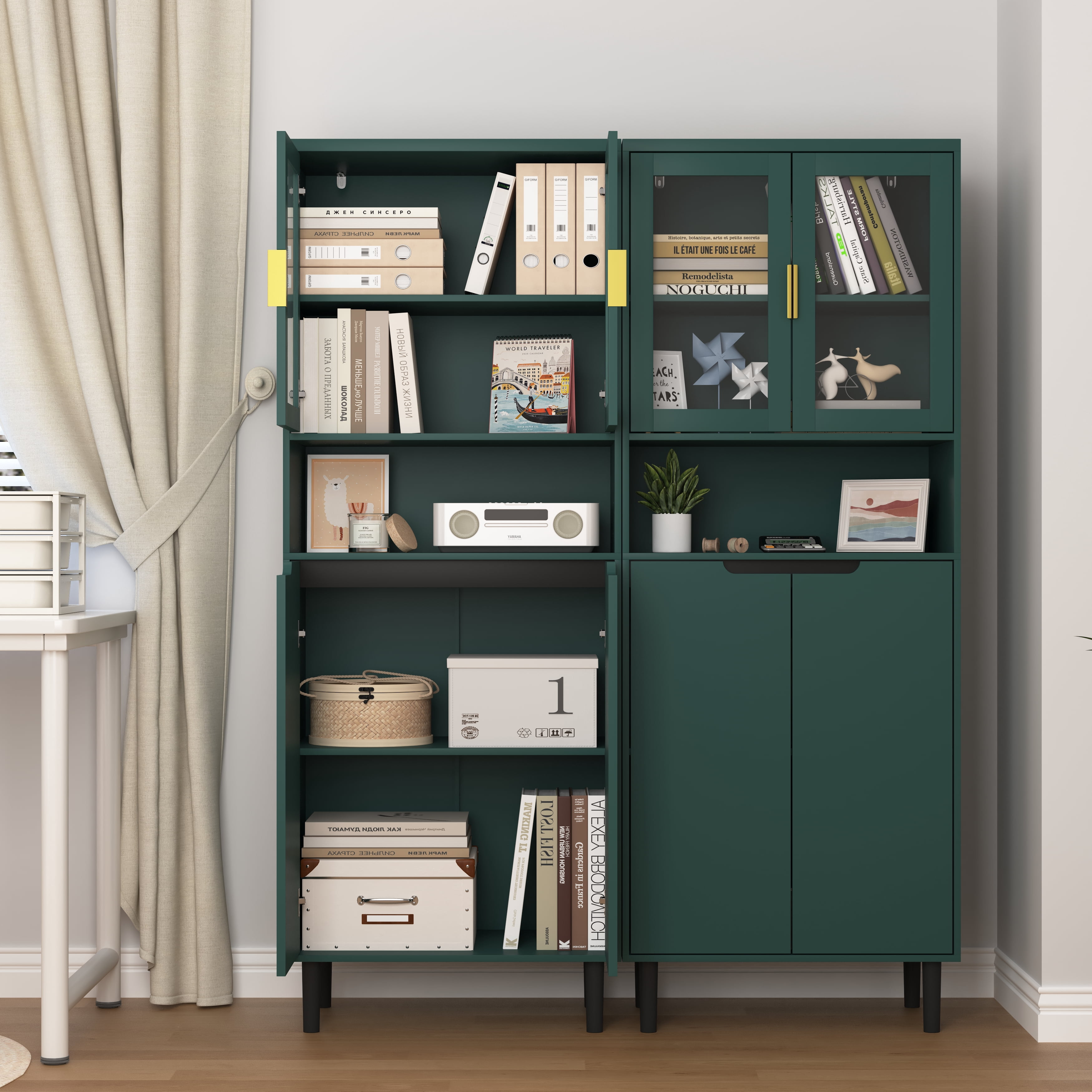 MAYEERTY White Tempered Glass Door Tall Storage Bookcase, 4-Door MDF Cabinet with Adjustable Shelves, Green