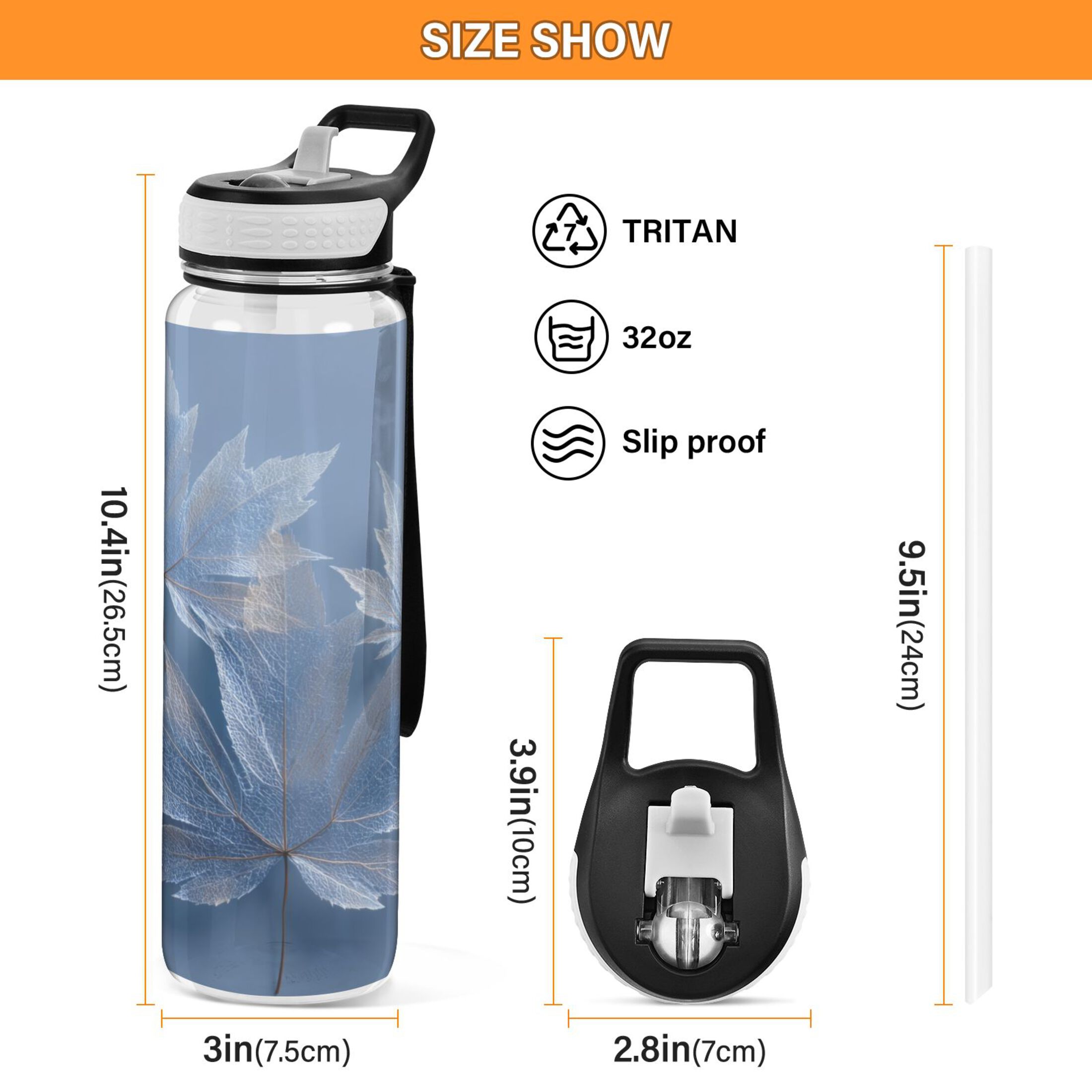 1000ML Transparent Sports Water Bottle with Handle & Straw Portable Water Bottle for Outdoor Camping Gym Glass Mapleleaves