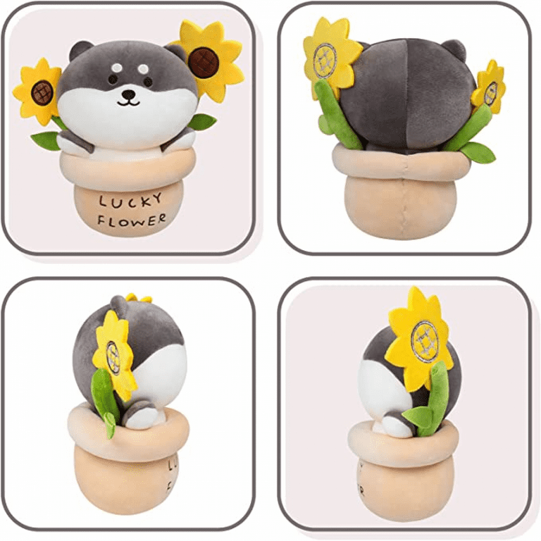 TIMPCV Sunflower Husky Plush Toy, 9 Inch Plant Pot Shiba Inu Plush Pillow  Figure, Cute Soft Plant Plush for Office Kids Toys 