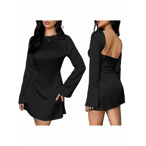 Women'S Long Sleeve Mini Dresses Trendy Y2K Short Dress Black S