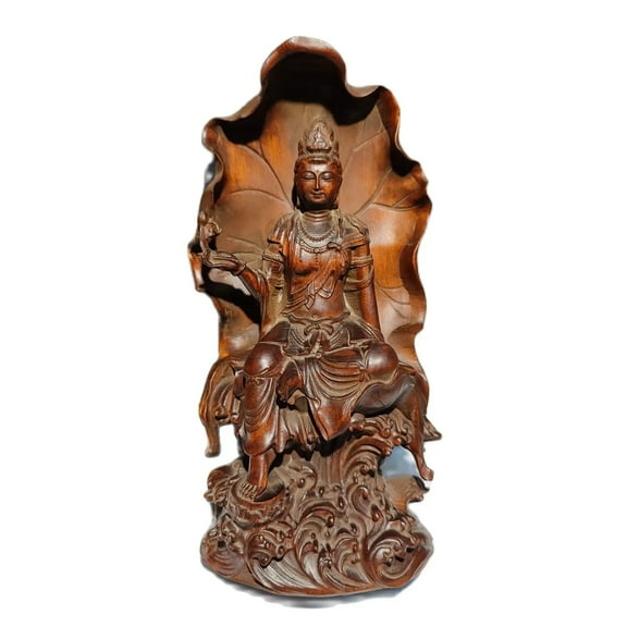 Chinese Boxwood Wooden Statue Zen Lotu Free Kwan Yin Carved Home Decor Vintage Carving Quan Statues Wood Religious Guanyin Bodhisattva Sculpture Decoration Figure Lucky Gift Room Wall Niche Buddhism