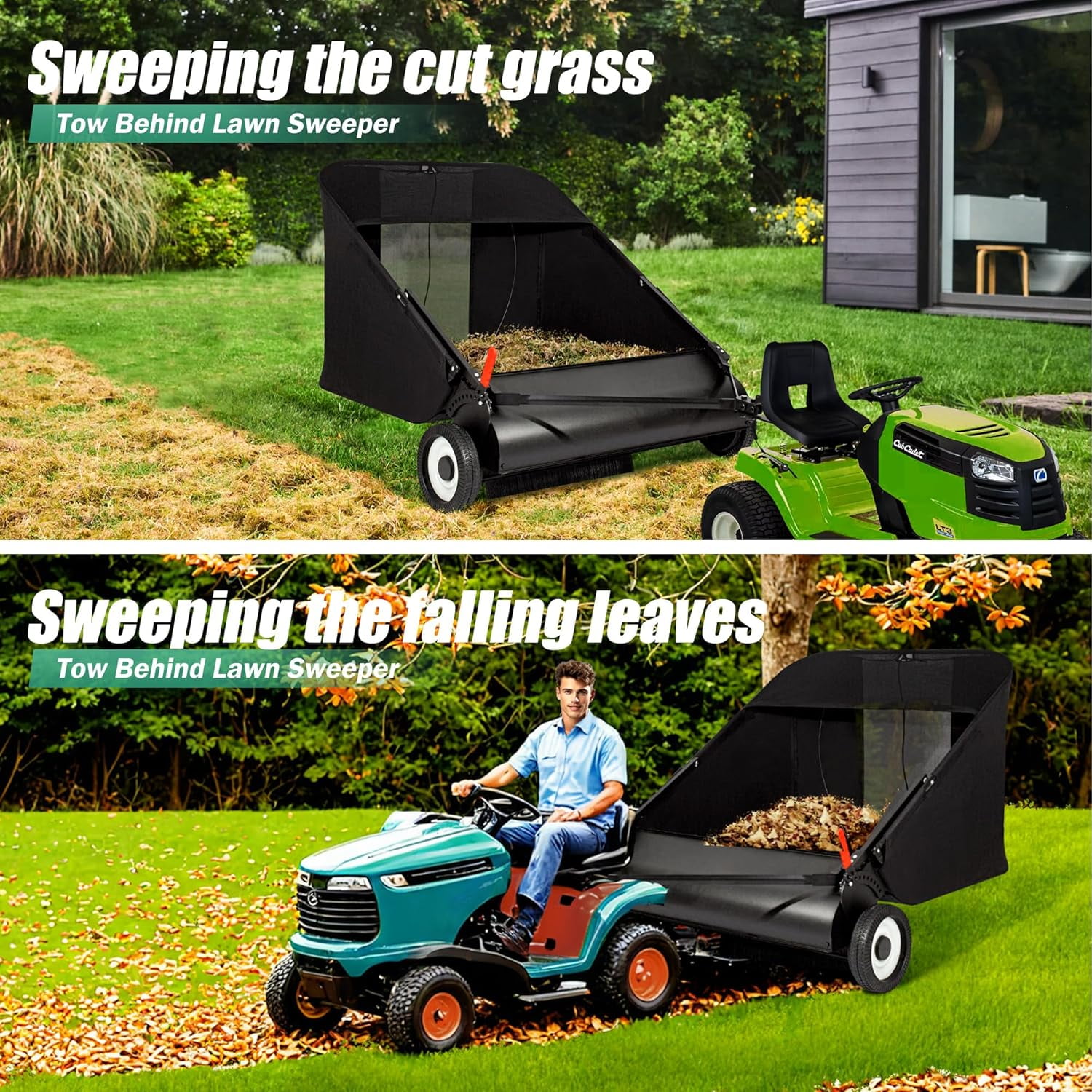 Suchtale 42-inch Tow Lawn Sweeper for Leaves & Grass Upgrade, 21cu. Ft. Leaf Collector with Large Capacity, Adjustable Sweeping Height for Yard, Lawn, Farm, Sidewalk,Yard Sweeper