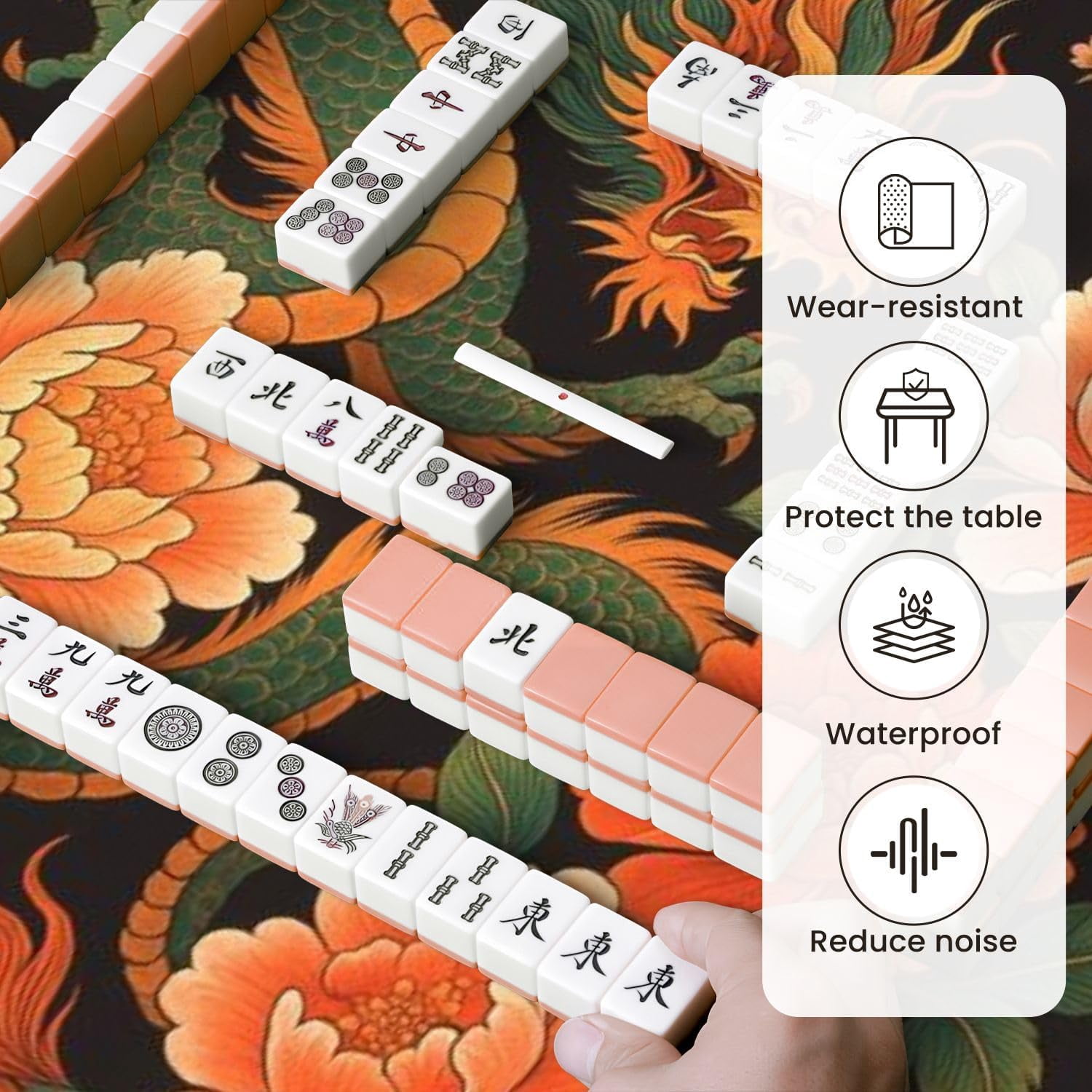Mahjong Mat for Table Chinese Dragon Peonies Floral Elements Vintage Style 31.5" x 31.5" Non-Slip Noise-Reducing Game Mat Premium Mahjong Accessories for Poker Dominoes Board Games