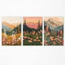 Mountain Canvas Wall Art, Daisy Flowers Field Landscape Poster, Boho Sunset Wall Print for Nursery Bedroom, Set of 3 Rustic Floral Picture Wall Decor, Nature Wildflower Art Wrapped Canvas