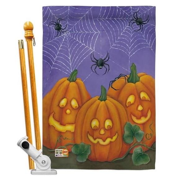 Breeze Decor BD-HO-HS-112054-IP-BO-D-US12-SB 28 x 40 in. 3 Pumpkins Fall Halloween Impressions Decorative Vertical Double Sided House Flag Set with Pole Bracket Hardware