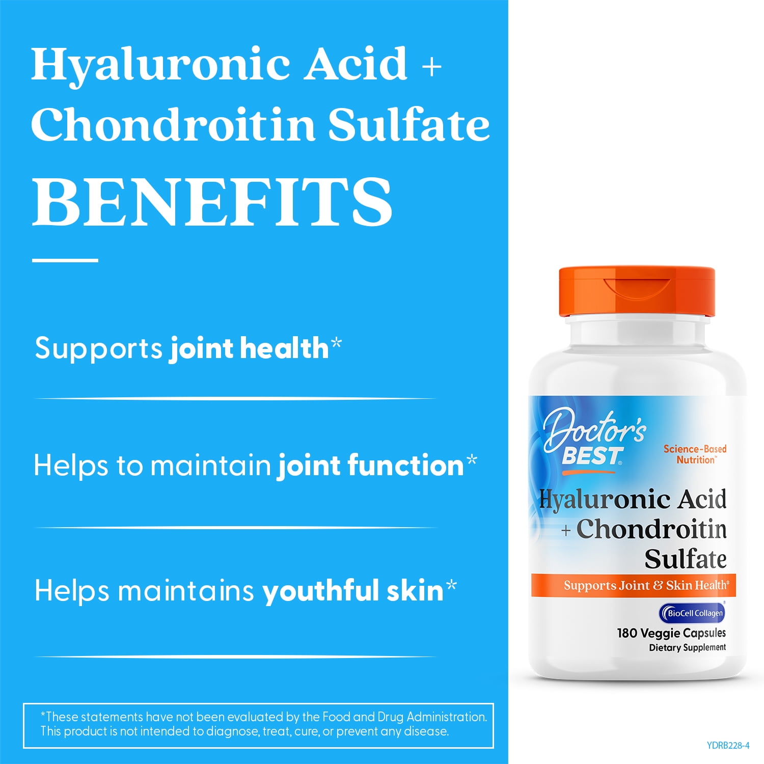 Doctor's Best Hyaluronic Acid with Chondroitin Sulfate, Non-GMO, Gluten Free, Soy Free, Joint Support, 180 Caps