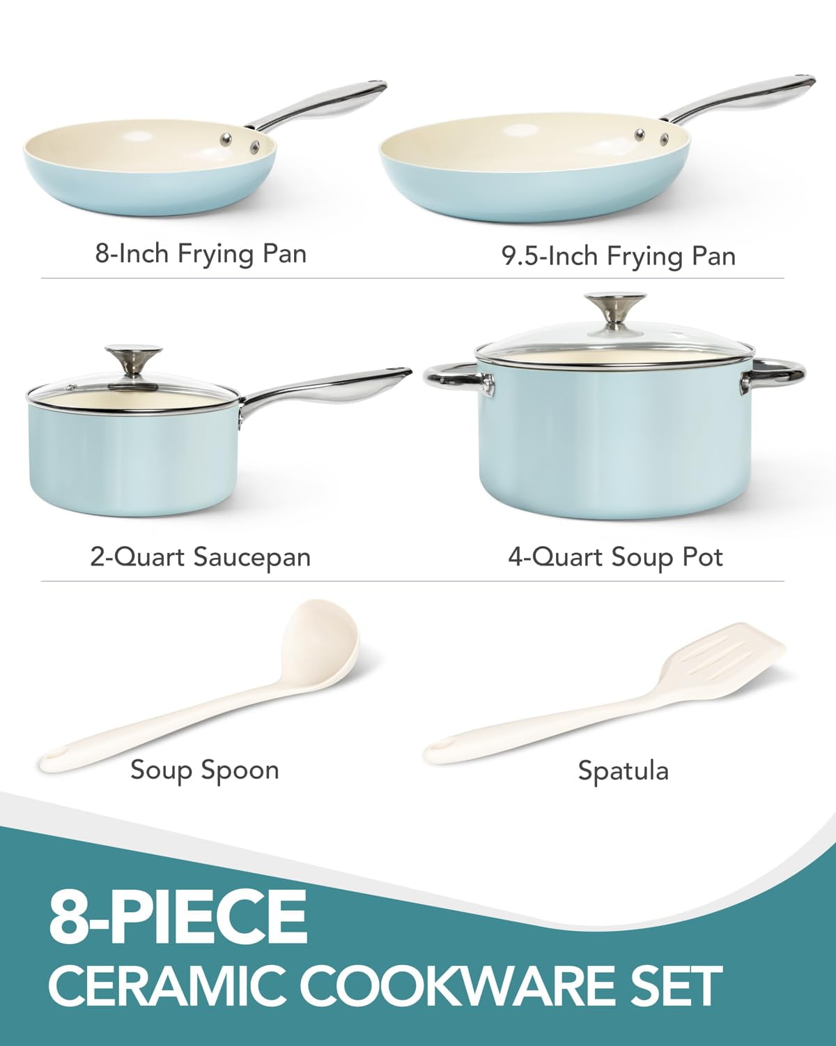 MICHELANGELO Pots and Pans Set Non Stick - Ceramic Cookware Set, 8-Pcs Nonstick Pots and Pans with Ergonomic Handle, Dishwasher Safe & Induction Compatible, Blue