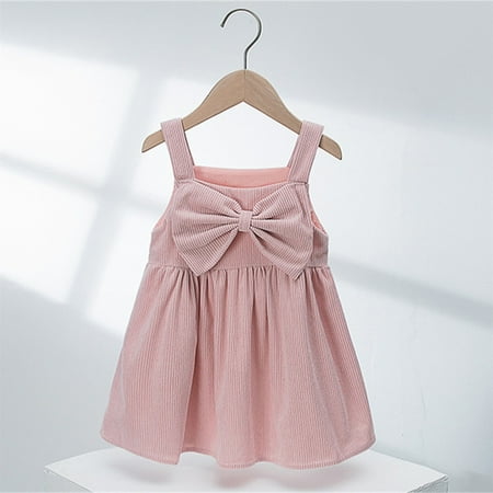 

nsendm Children Kids Toddler Baby Girls Sleeveless Bowknot Corduroy Princess Dress Suspender Skirt Wedding Dress Tie Dress Pink 12-24 Months